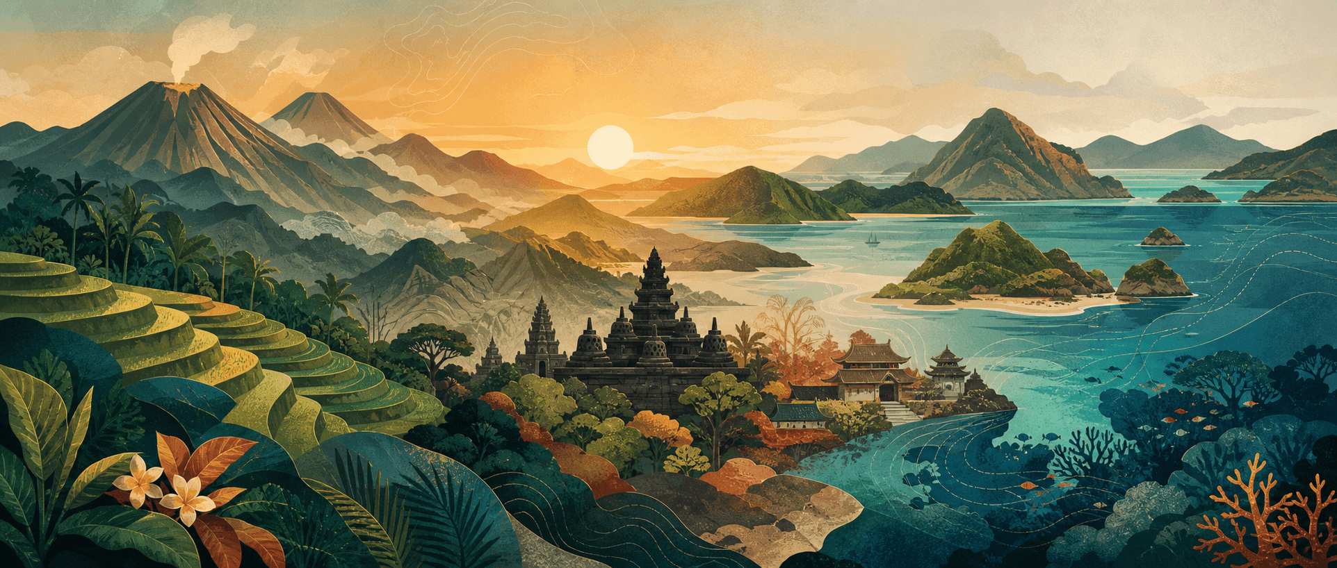 Ilustrasi editorial gunung berapi, sawah terasering, candi, kepulauan, dan laut karang Indonesia